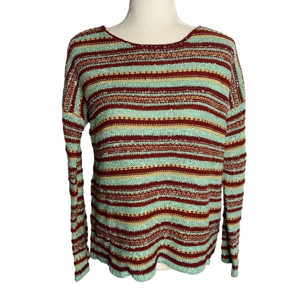 MAK Striped Loose Knit Pullover Sweater M Blue Red Round Neck Long Sleeves
